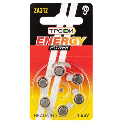 Элемент питания ZA312-6BL ENERGY POWER Hearing Aid Трофи