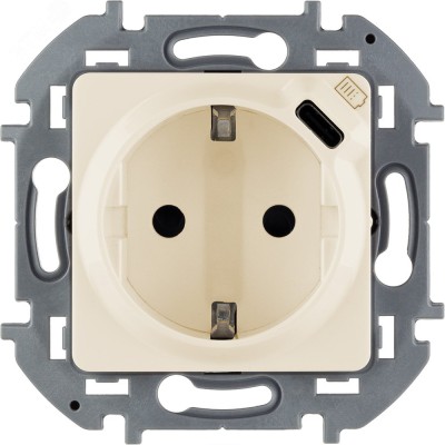 Розетка 1-местная с заземлением с защитными шторками 16А с USB C 5В безвинтовое крепление слоновая кость INSPIRIA