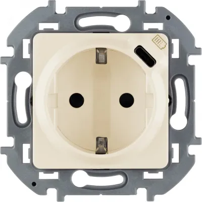 Розетка 1-местная с заземлением с защитными шторками 16А с USB C 5В безвинтовое крепление слоновая кость INSPIRIA