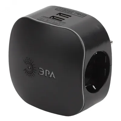 Разветвитель электрический ЭРА SP-3e-USB-BLACK на 3 розетки + 2 USB с заземлением со шторками 16А черный