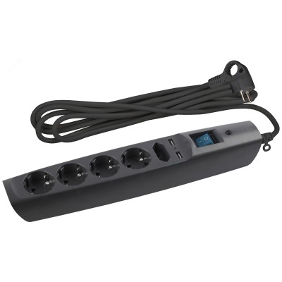 Сетевой фильтр ЭРА  SFU-5es-2m-B с надежной защитой с заземлением с выключателем 5 розеток 2м 2xUSB 10А черный