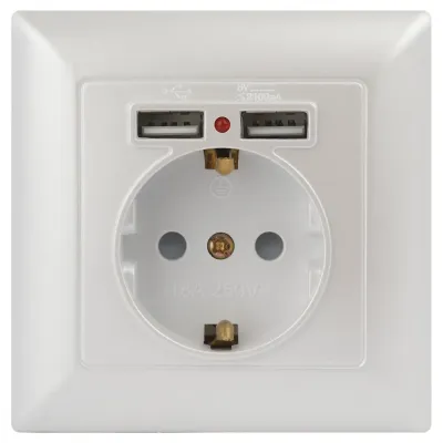 Розетка Intro Solo 4-410-06 с заземлением P+E Schuko со шторками, 16А-250В + 2хUSB, IP20, СУ, перламутр