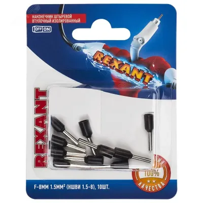 Наконечник штыревой втулочный изолир F-8 мм 1.5 кв мм, черный,  10 шт, REXANT
