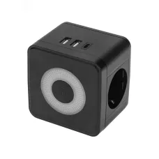Разветвитель двойник электрический Куб 16А с/з + 2хUSB-A 2,4А + USB-C 3А с ночной подсветкой, черный