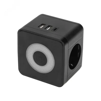 Разветвитель двойник электрический Куб 16А с/з + 2хUSB-A 2,4А + USB-C 3А с ночной подсветкой, черный