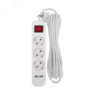 Удлинитель STANDARD 3 гнезда, 5 м, 3х1,0 мм2, с/з, с выключателем, 2 USB, белый