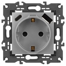 Розетка ЭРА Elegance 14-4108-03 2P+E 16A-250В со шторками с USB type-A+C 5В-3А алюминий