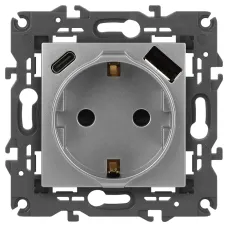 Розетка ЭРА Elegance 14-4108-03 2P+E 16A-250В со шторками с USB type-A+C 5В-3А алюминий