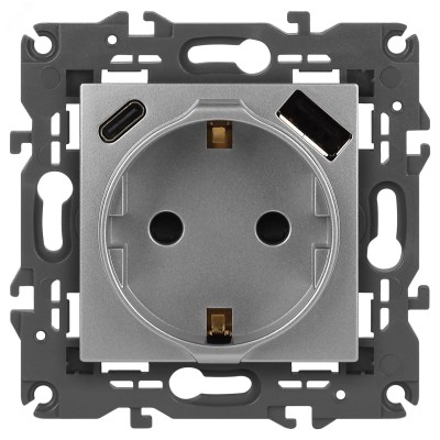 Розетка ЭРА Elegance 14-4108-03 2P+E 16A-250В со шторками с USB type-A+C 5В-3А алюминий