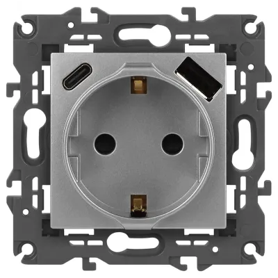 Розетка ЭРА Elegance 14-4108-03 2P+E 16A-250В со шторками с USB type-A+C 5В-3А алюминий