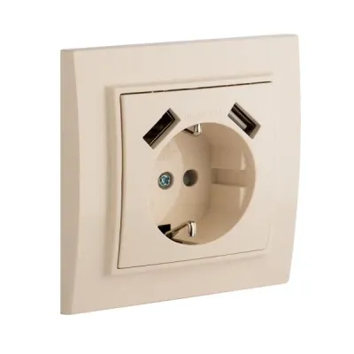 Минск Розетка 1-местная СП с/з 16А бежевая с защ. штор. с 2 USB 2,1А EKF