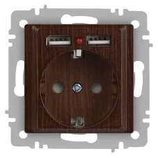 Розетка Intro Accent 6-410-10 , P+E Schuko со шторками, 16А-250В + 2хUSB, IP20, СУ, венге
