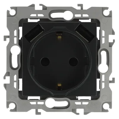 12-4109-05 ЭРА Розетка 2P+E 16A-250В, штор. с 2xUSB 5В-3А, Эра12, антрацит (10/100/2000)