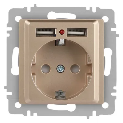 Розетка Intro Accent 6-410-04 , P+E Schuko со шторками, 16А-250В + 2хUSB, IP20, СУ, шампань