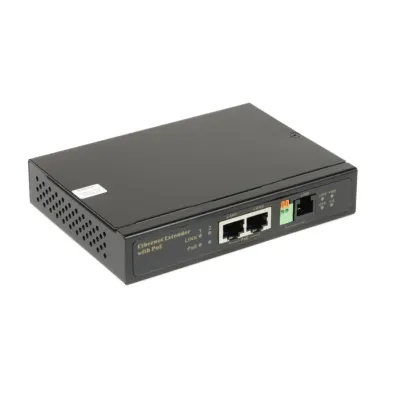 Удлинитель Ethernet на 2 порта до 3000м с функцией PoE. Автоопределение PoE устройств. Стандарт IEEE 802.3af/at (До 30W на порт). Скорость передачи 90Мбит/с (300м),