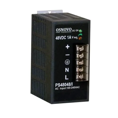 Промышленный блок питания. 1 выход DC48V, 1A (48W). Диапазон входных напряжений AC100-240V. КПД 83%. Защита от короткого замыкания, перенапряжения и пере