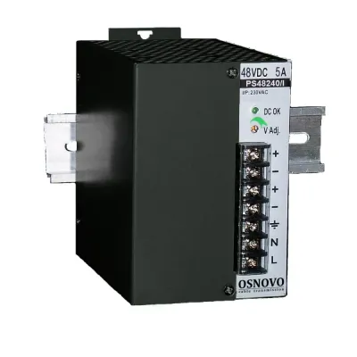 Промышленный блок питания. 1 выход DC48V, 5A (240W). Входное напряжение AC230V. КПД 84%. Защита от короткого замыкания, перенапряжения и перегрузки. Вст