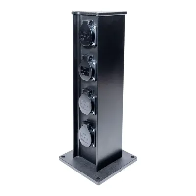 Пост питающий колонна с розетками EVOL 1102-482-1. Корпус колонны: аллюминий/пластик. Вход: Клеммы 10 мм? - 3 шт. Выход: Розетка Schuko 220VAC 16A IP54 - 4шт.