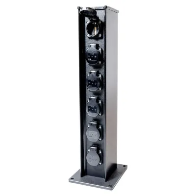 Пост питающий колонна с розетками EVOL 1102-483-1. Корпус колонны: аллюминий/пластик. Вход: Клеммы 10 мм? - 3 шт. Выход: Розетка Schuko 220VAC 16A IP54 - 6шт.