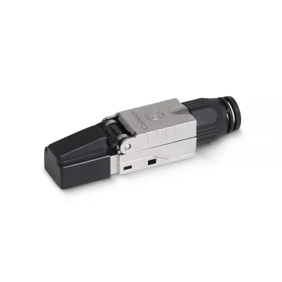 Коннектор с фиксатором кабеля и колпачком RJ-45(8P8C) под витую пару, категория 6, экранированный, для одножильного кабеля, со вставкой