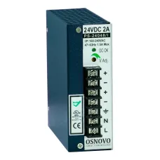 Промышленный блок питания. DC24V, 2A (48W). Диапазон входных напряжений AC100-240V. КПД 82%. Регулировка выходного напряжения в диапазоне 22-26V. Защита от 