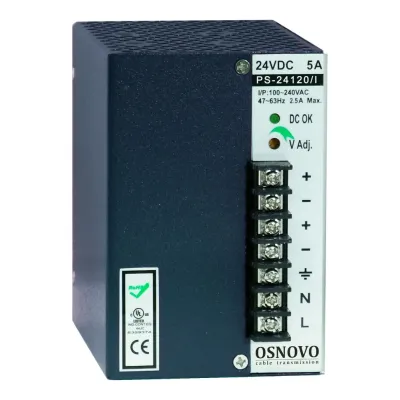Промышленный блок питания. DC24V, 5A (120W). Диапазон входных напряжений AC100-240V. КПД 81%. Регулировка выходного напряжения в диапазоне 22-26V. Защита от