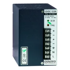 Промышленный блок питания. DC12V, 12,5A (150W). Диапазон входных напряжений AC100-240V. КПД 80%. Регулировка выходного напряжения в диапазоне 11-13V. Защита 