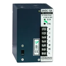 Промышленный блок питания. DC24V, 15A (360W). Диапазон входных напряжений AC115, 230V. КПД 82%. Регулировка выходного напряжения в диапазоне 22-26V. Защита о