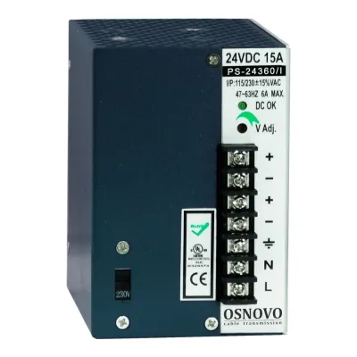Промышленный блок питания. DC24V, 15A (360W). Диапазон входных напряжений AC115, 230V. КПД 82%. Регулировка выходного напряжения в диапазоне 22-26V. Защита о