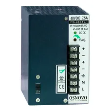 Промышленный блок питания. DC48V, 7,5A (360W). Диапазон входных напряжений AC115, 230V. КПД 83%. Регулировка выходного напряжения в диапазоне 44-53V. Защита 