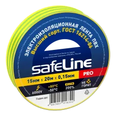Изолента ПВХ желто-зеленая 15мм 20м Safeline