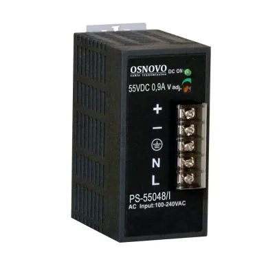 Промышленный блок питания. DC55V, 0,9A (48W). Диапазон входных напряжений AC100-240V. КПД 83%. Регулировка выходного напряжения в диапазоне 50-60V. Защита о