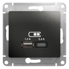 GLOSSA USB РОЗЕТКА A+С, 5В/2,4А, 2х5В/1,2 А, механизм, АНТРАЦИТ