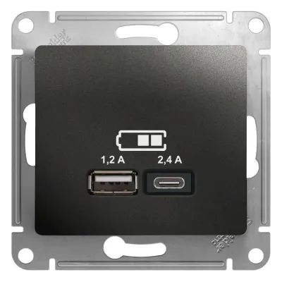 GLOSSA USB РОЗЕТКА A+С, 5В/2,4А, 2х5В/1,2 А, механизм, АНТРАЦИТ