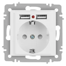 Розетка Intro Accent 6-410-01М , P+E Schuko со шторками, 16А-250В + 2хUSB, IP20, СУ, белый матовый