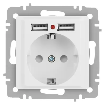 Розетка Intro Accent 6-410-01М , P+E Schuko со шторками, 16А-250В + 2хUSB, IP20, СУ, белый матовый