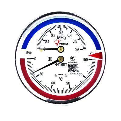 Термоманометр МПТ 0…150 С/0…0.6 МПа кт.2.5 d.80 IP40 G1/2 ОШ L46