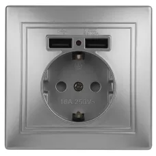 Розетка Intro Plano 1-410-03 с заземлением 2P+E Schuko со шторками, 16А-250В + 2хUSB 5В-2,1А, IP20, СУ, алюминий