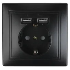 Розетка Intro Plano 1-410-05 с заземлением 2P+E Schuko со шторками, 16А-250В + 2хUSB 5В-2,1А, IP20, СУ, антрацит