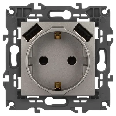 Розетка ЭРА Elegance 14-4109-16 2P+E 16A-250В, штор. с 2xUSB 5В-3А, титан