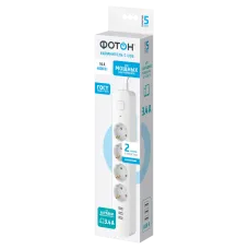 Удлинитель сетевой c USB ''ФОТОН'' 16-24ES-USB/A3, 2 м, 4 розетки,16А,с заземл., с выкл.,3 USB-A,3,4A,