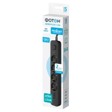 Удлинитель сетевой c USB ''ФОТОН'' 16-24ES-USB/A3, 2 м, 4 розетки, 16А,с заземл.,с выкл.,3 USB-A,3,4A,