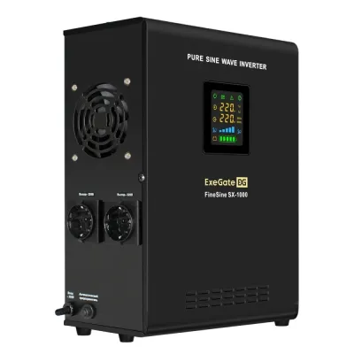 ИБП (инвертор, синус, для котла, настенный) ExeGate FineSine SX-1000.LCD.AVR.2SH (1000VA/600W, чистая синусоида, цветной LCD-дисплей, AVR, 2*Schuko, линейно-интерактивный, 