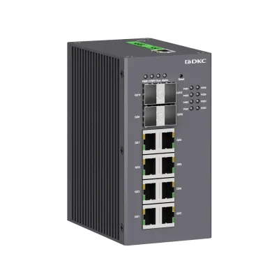 Промышленный управляемый коммутатор, с поддержкой PoE, 4х100Base-X, 1000Base-X, 10/100/1000Base-T(X) SFP слота, 8х10/100/1000Base-T(X) RJ45 PoE портов, 48В DC (18-57В DC), с резервиров
