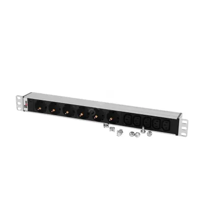 Блок розеток Rem-10 без шнура с инд., 6 Sсhuko, 5 IEC 60320 C13, вход IEC 60320 C14, 10 A, алюм., 19'