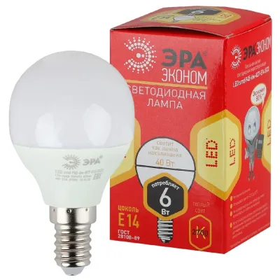 Лампочка светодиодная ЭРА RED LINE LED P45-6W-827-E14 R Е14 / E14 6 Вт шар теплый белый свет
