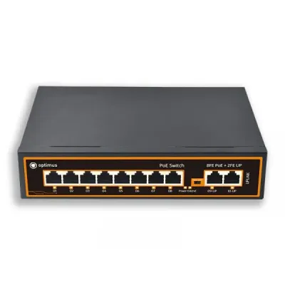 Коммутатор неуправляемый 8x100Мбит/с (RJ45 с PoE+), 2x100Мбит/с (RJ45) 120Вт