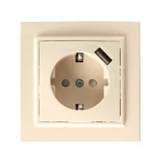 Розетка 1-местная с/з с защитной шторкой  и с USB, серия Эрна, PST16-9011-02, слоновая кость