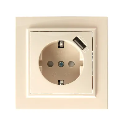 Розетка 1-местная с/з с защитной шторкой  и с USB, серия Эрна, PST16-9011-02, слоновая кость