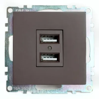 Розетка 2-местная USB (механизм), 250В, 2,1А, серия Катрин, GLS10-7115-04, шоколад